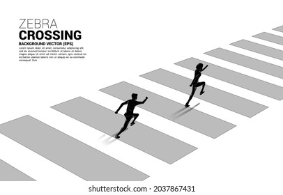 Silhouette of businessman running on zebra crossing. Concept of safe zone and business road map.