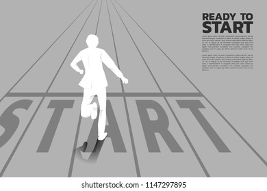 Silhouette of businessman running from start line. Concept of people ready to start career and business