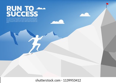 Silhouette of businessman running to top of mountain. Concept of Goal, Mission, Vision, Career path, Polygon dot connect line style