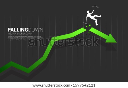 silhouette of businessman slip and falling down from cracking growing arrow. Concept for fail and accidental business