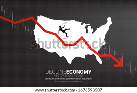 silhouette of businessman slip and falling down from downturn graph with USA map. Concept of decline economy in america.