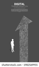 Silhouette of businessman standing with the arrow dot connect circuit board style. concept of digital transformation of business.