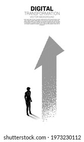 Silhouette of businessman standing with the arrow from pixel. concept of digital transformation of business.