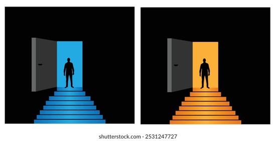 Silhouette of a Businessman Standing at the Backlit Doorway with Stairs. Goals in business and achieving success vector art