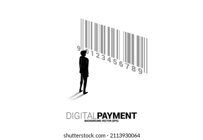 Silhouette Geschäftsmann steht mit Barcode in der Luft. Konzept für den elektronischen Geschäftsverkehr und den Einzelhandel.