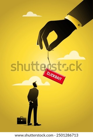Silhouette of businessman standing with fishing hook with click button. Concept of click bait and digital phishing
