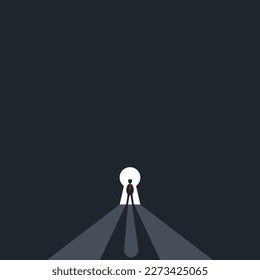 Silhouette businessman standing in keyhole door concept. Finding a way in the dark tunnel for looks at opportunities.Vector illustration flat design for banner, poster, and background with copy space.