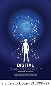 silhouette of businessman standing with man head from dot connect line circuit board style with processor . Concept background human future and technology