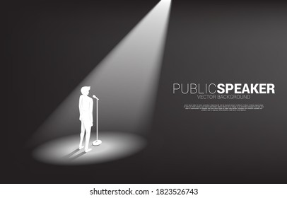 Silhouette Of Businessman Standing With Microphone. Concept Of Front Man And Public Speaking.