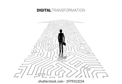 Silhouette of businessman standing on the arrow dot connect circuit board style. concept of digital transformation of business.