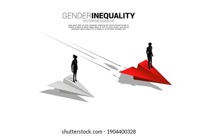 Silhouette Businessman Standing On Faster Paper Airplane . Concept Of Gender Inequality In Business And Obstacle In Woman Career Path