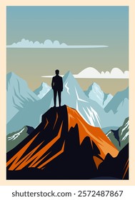 silhouette of a businessman standing on a hill looking at the snow mountains