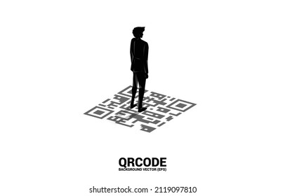 Silhouette businessman standing on qr code in the air. Concept for e-commerce and retail shopping.