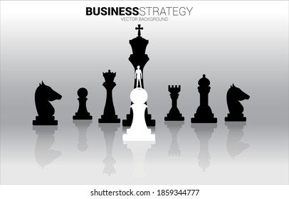 Silhouette of businessman standing on white pawn chess piece in front of all of black chess piece . Concept of underdog business marketing strategy. svg