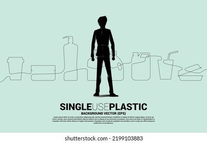 Silhouette Of Businessman Standing With Single Line Display Single Use Plastic Icon. Silhouette Of Plastic Bottle In Life.