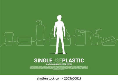 Silhouette Of Businessman Standing With Single Line Display Single Use Plastic Icon. Silhouette Of Plastic Bottle In Life.