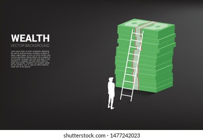 Silhouette of businessman  standing with stack of banknote and ladder. Concept of success investment and growth in business
