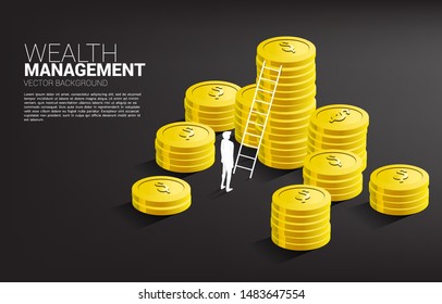 Silhouette of businessman standing with stack of coin and ladder. Concept of success investment and growth in business