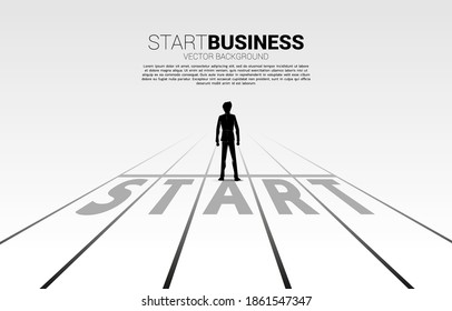 Silhouette of businessman standing at start line. Concept of people ready to start career and business