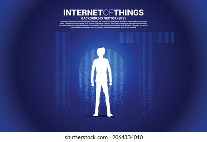 Silhouette of businessman standing  with wording from small square pixel. Digital Concept for internet of Things Technology.
