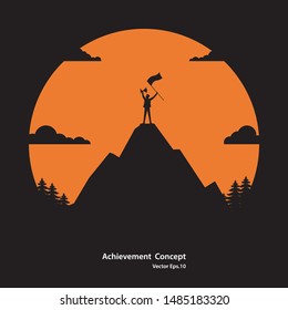 Silhouette businessman of successful. Businessman holding flag and trophy standing on the top of mountain. Achievement, Career, Success concept, Vector illustration flat