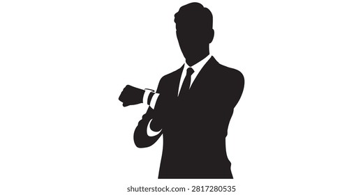 Silhouette of a businessman in a suit checking time on his watch