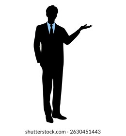 Empresário de silhueta com terno apresentando ícone para campo, palestras de escritório e cenas de sala de reuniões. Ideal para imagens corporativas, reuniões de vendas e ilustrações de liderança.