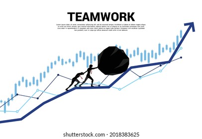 Silhouette of businessman team pushing the big rock on growth graph. concept of business challenge and teamwork.
