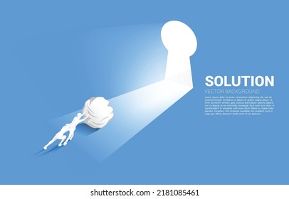Silhouette of businessman team pushing the rock to exit door key hole. Concept of business challenge and teamwork.