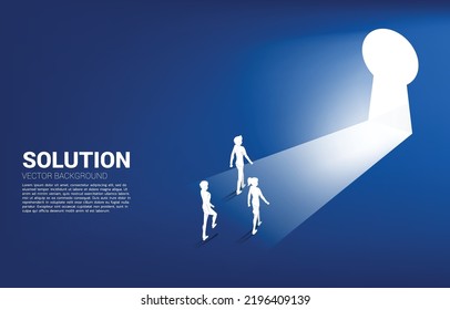 Silhouette Of Businessman Team Walking To Exit Door Key Hole. Concept Of Business Challenge And Teamwork.