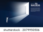 Silhouette of businessman and telescope looking to exit door number one. Concept of career start up and champion business solution.