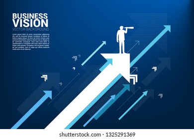 Silhouette of businessman and telescope on moving up arrow. concept of growth business and leadership.
