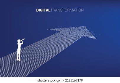 Silhouette de empresario y telescopio parado en la flecha desde el píxel. concepto de transformación digital de los negocios.