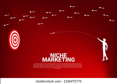 silhouette of businessman throw out dart arrow to hit the dartboard from another way. Business Concept of niche marketing, targeting and customer. Company vision mission.