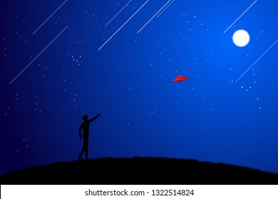 silhouette of businessman throw out origami paper airplane at night. Business Concept of start business and entrepreneur