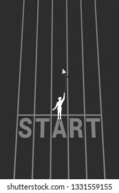 silhouette of businessman throw out origami paper airplane from start line on running track. Business Concept of start business and entrepreneur
