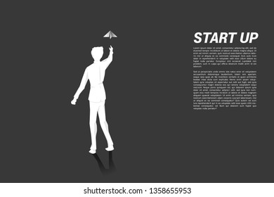 silhouette of businessman throw out origami paper airplane. Business Concept of start business and entrepreneur