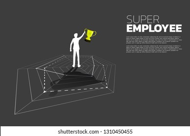 Silhouette of businessman with trophy standing on spider chart with superhero shadow. Concept of best employee and Human Resource management.