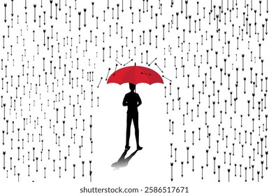 silhouette Businessman with umbrella red protecting arrows rain.