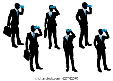 silhouette of businessman use binocular telescope on the white background
