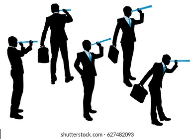silhouette of businessman use monocular telescope on the white background