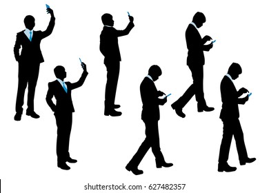 silhouette of businessman use phone on the white background