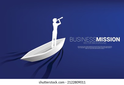 Silhouette of businessman use telescope standing look forward on boat. Business Concept of leadership and vision mission.