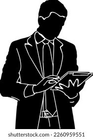 Silhouette de empresario con tableta digital, Business Man Touchscreen Digital Tablet Silhouette, Business man con traje oscuro de pie y mirando algo en la tableta