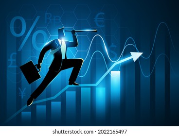 Silhouette of a businessman using telescope on graphic chart. Concept for forecast, prediction, stock market, planning in business svg
