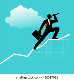 Silhouette of a businessman using telescope on graphic chart. Concept for forecast, prediction, success, planning in business