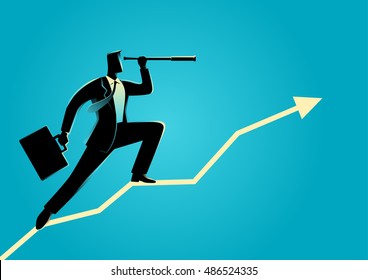 Silhouette of a businessman using telescope on graphic chart. Concept for forecast, prediction, success, planning in business svg