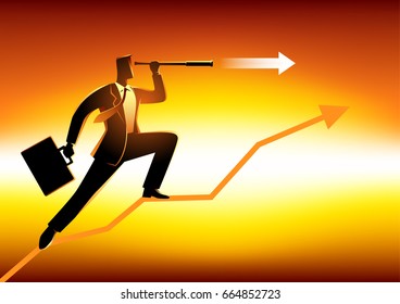 Silhouette of a businessman using telescope on graphic chart. Concept for forecast, prediction, success, planning in business