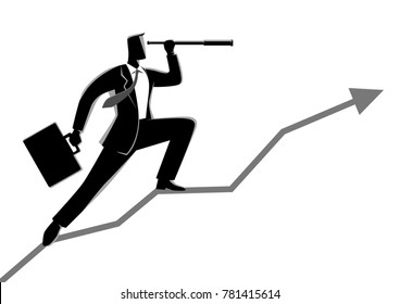 Silhouette of a businessman using telescope on graphic chart. Concept for forecast, prediction, success, planning in business