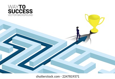 Silhouette of Businessman walk on Arrow with route path to exit the maze to golden trophy. Business concept for problem solving and solution strategy